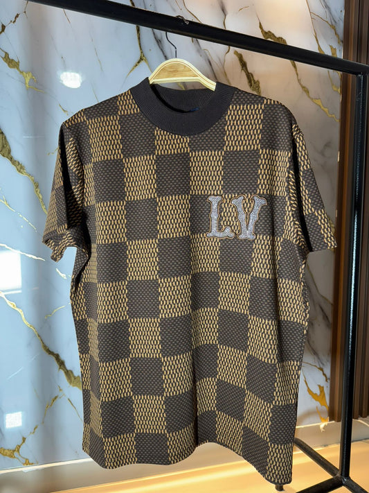 CAMISETA DE CUADROS DORADO Y CAFE